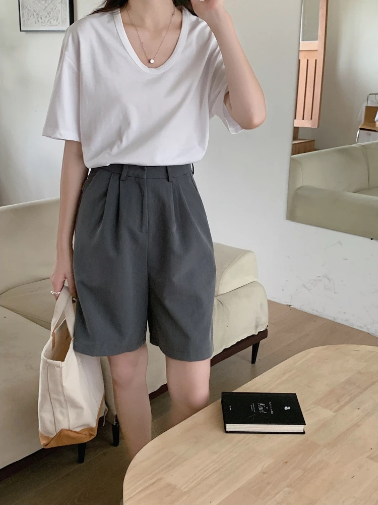 

Летняя новая Однотонная футболка с U-образным вырезом и коротким рукавом женский простой хлопковый топ в Корейском стиле с воротником в виде гусиных яиц для женщин