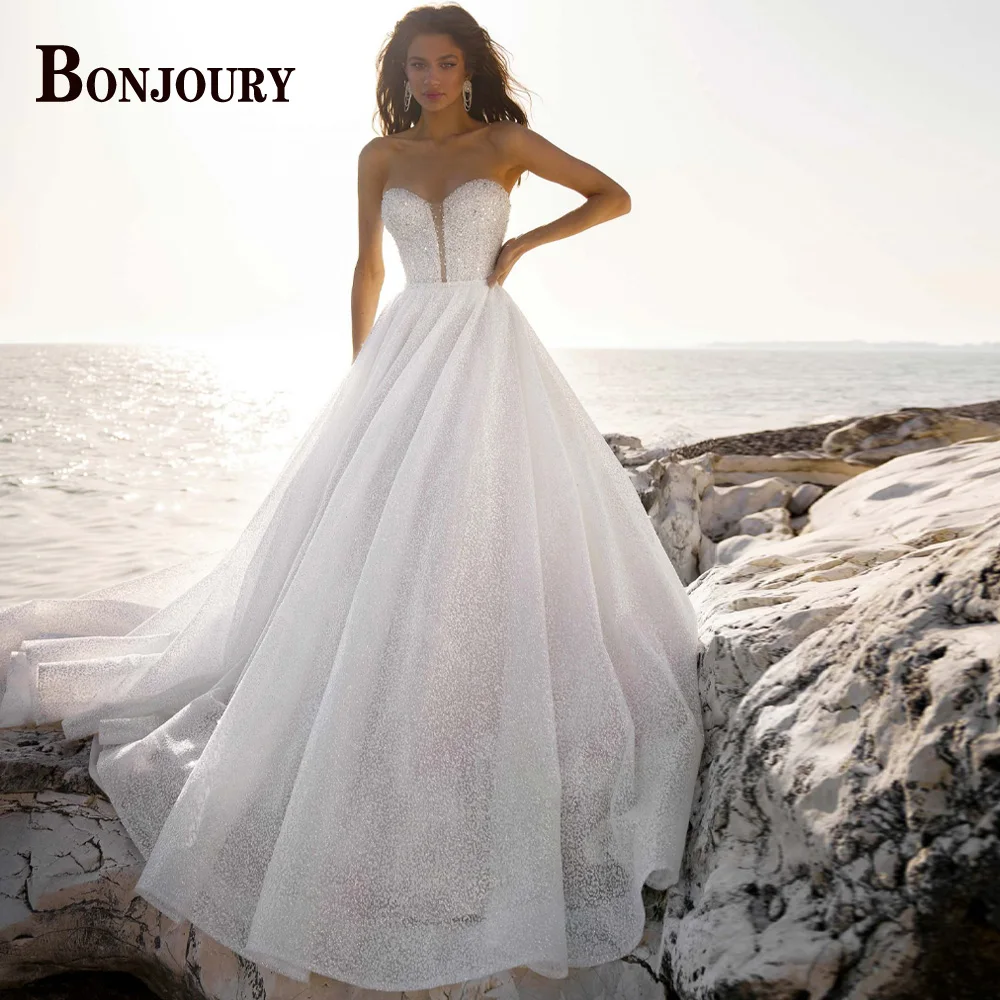 

BONJOURY Sparkly 2023 Wedding Dresses For Women Bride Aline Bling Strapless Buttons Sleeveless Robe De Mariée Customized