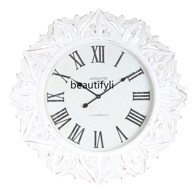 

zq White Background Wall Clock Living Room French Style Vintage Engraving Art B & B Wall Clock Decorative Clock