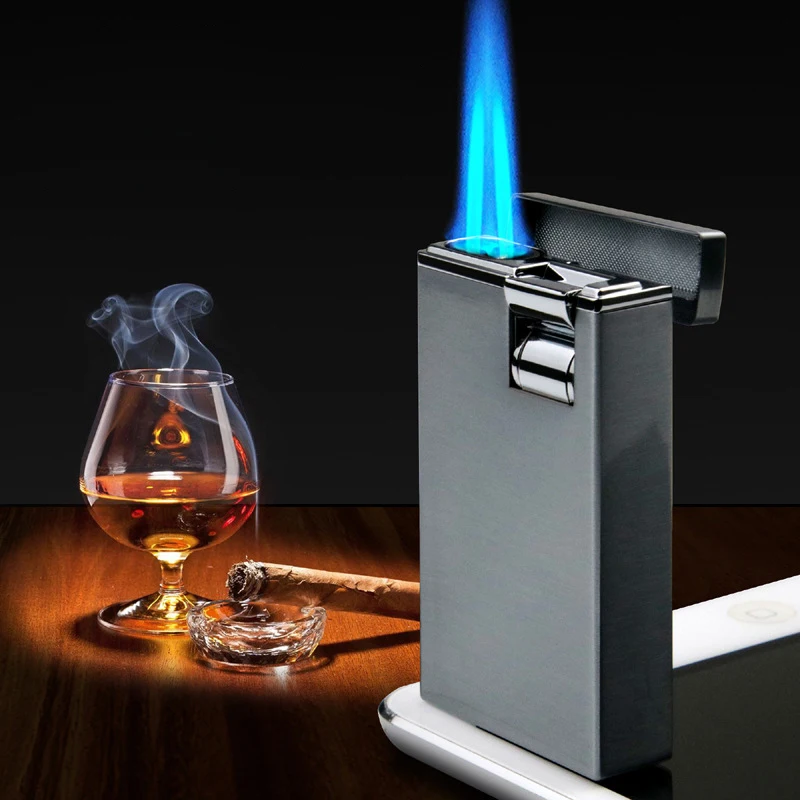 

Press Type Windproof Gas Lighter Large Fire Double Direct Blue Flame Concentrated Ignition Cigar Lighter With Cigar Knife 2023