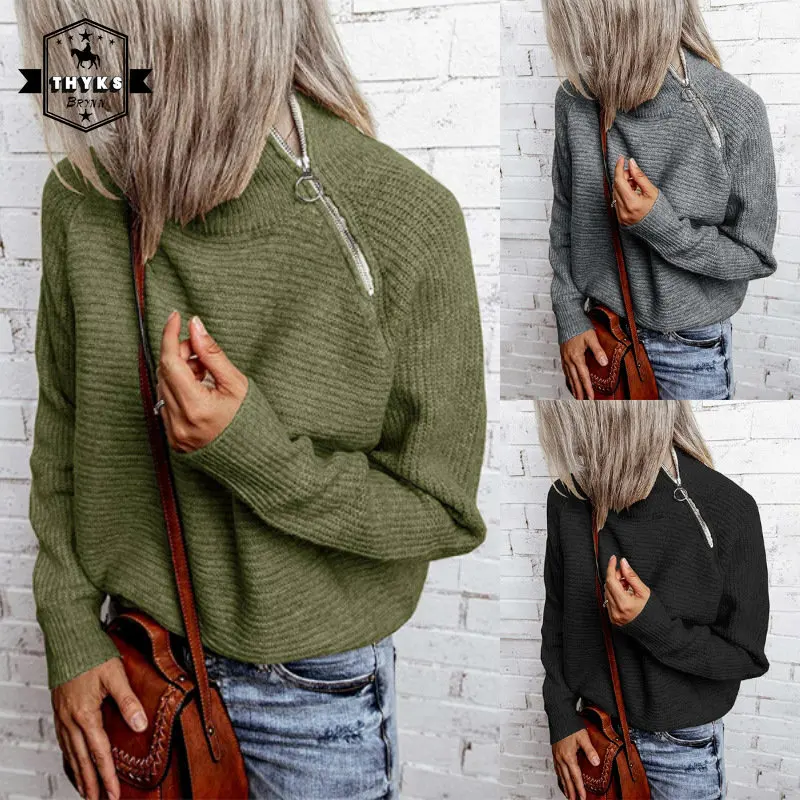 Zipper Casual O-Neck Pullover Autumn Winter Knitted Solid Sweaters Women Long Jumper Ladies Cotton Sweater Knitwears New Tops