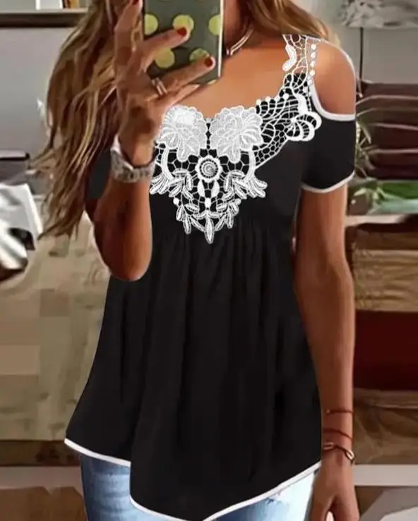 Women t-shirt summer new black guipure lace patch contrast binding cold shoulder...