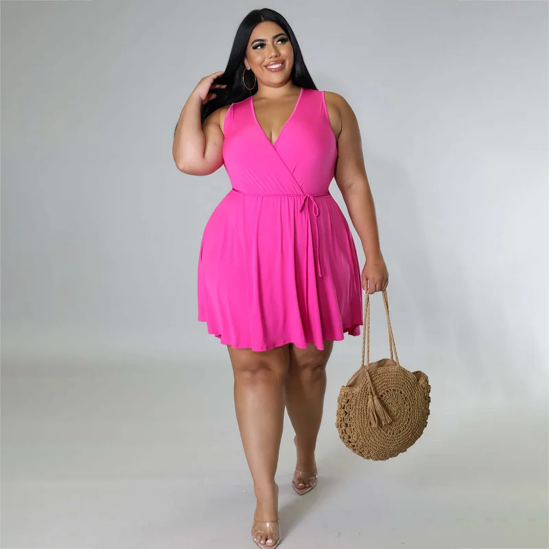 Casual V-neck Plus Size Dress  5xl Pink Temperament Commuter All-match Drawstring High Waist Slim Women's Short Skirt  Wholesale