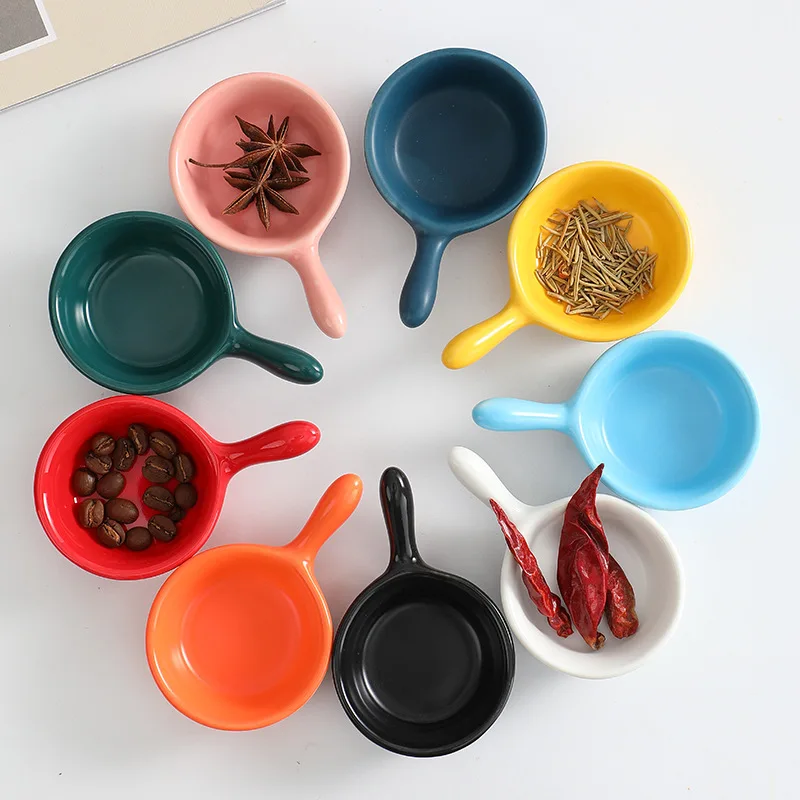 

Solid Color Ceramic Small Appetizer Dessert Plate Dipping Bowls with Handles Sushi Sauce Dishes