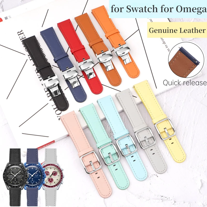 

20mm Watch Band for Omega for Swatch Co-branded Genuine Leather Quick Release Strap with Soild Butterfly Pin Buckle