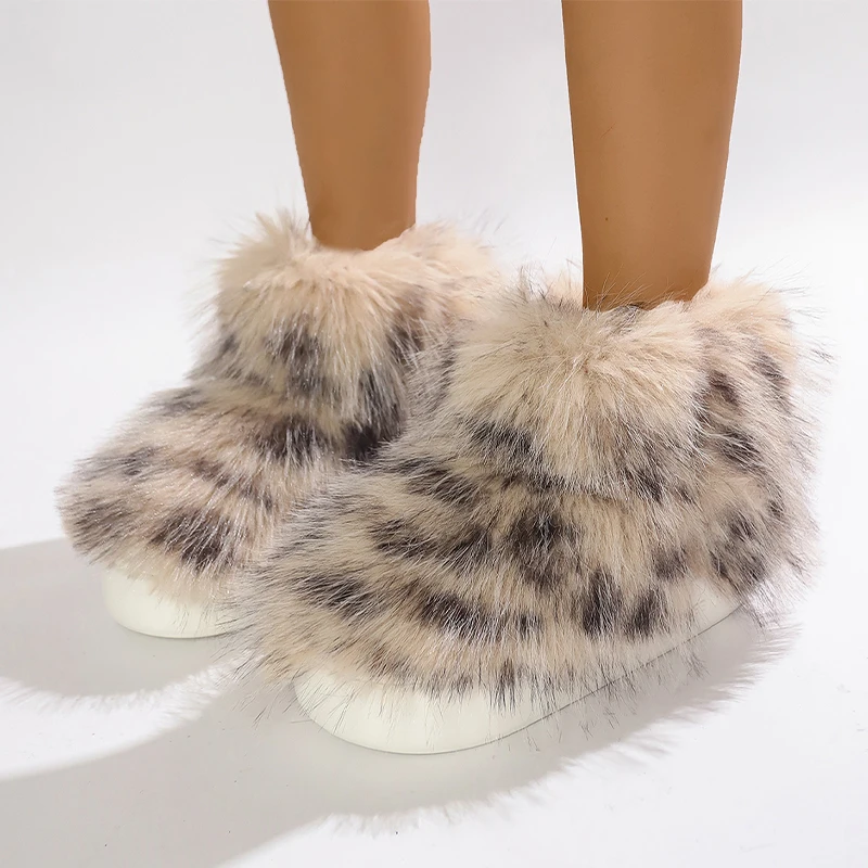 Женские зимние ботильоны на меху платформе леопардовая плюшевая повседневная