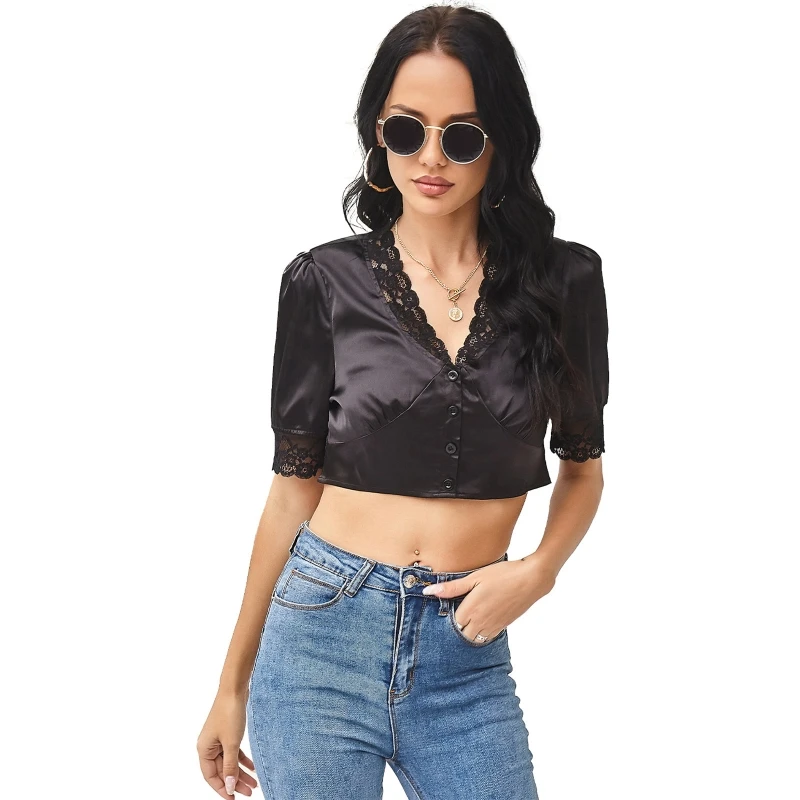 

New style Women Summer Half Sleeve Satin Crop Top Sexy V-Neck Button Down Floral Lace Trim Splicing T-Shirt Casual Slim Fitted