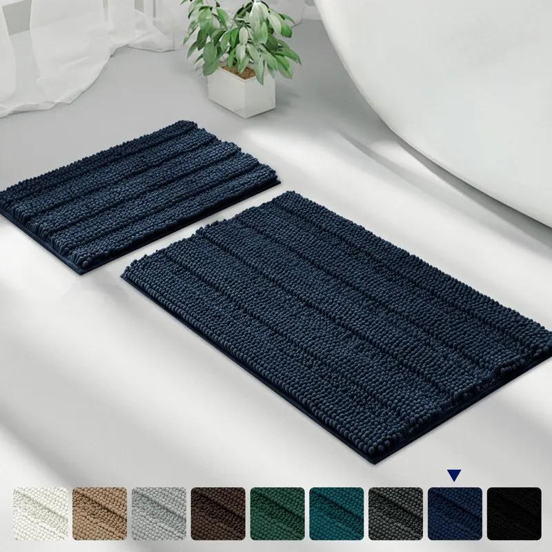 

Non-Slip Bathroom Rugs Chenille Soft Striped Plush Bath Mat (Navy, 16" x 24" + 20" x 32")