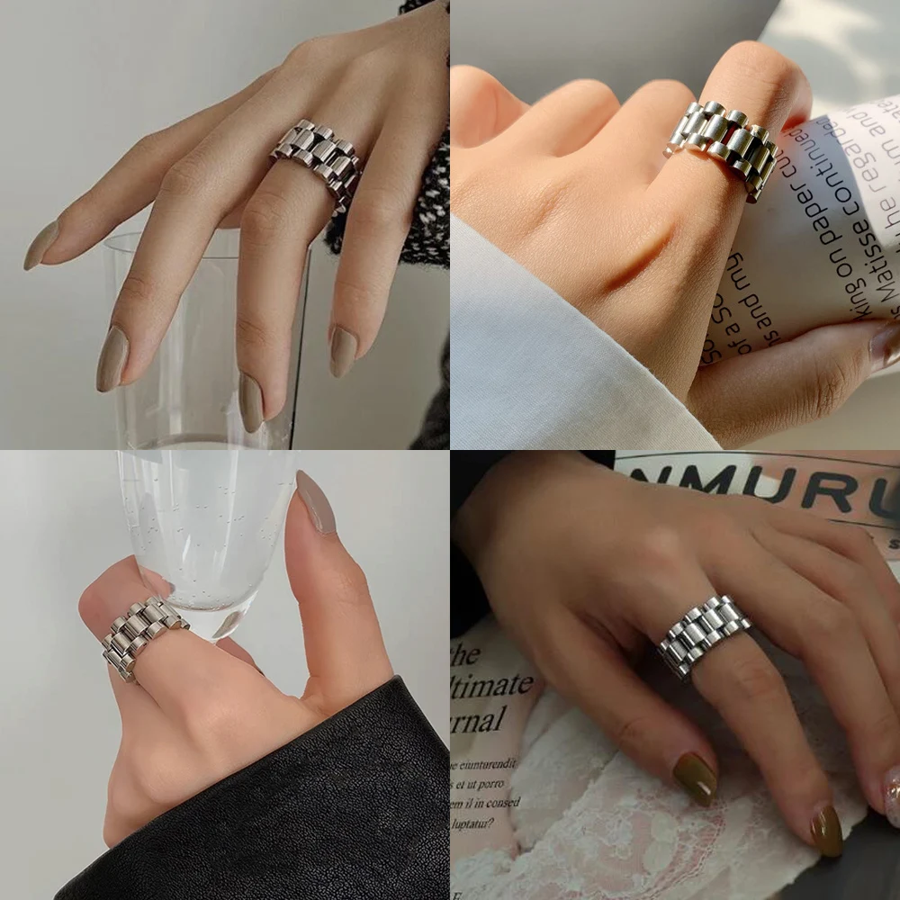 

Stainless Steel Strap Rings Watchband Link Circlet Fashion Charm Finger Jewelry for Women Men Holiday GIft