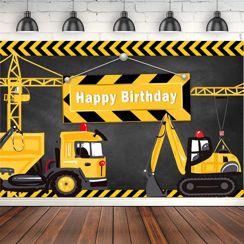 

Construction Theme Photography Backdrop Yellow Digger Trucks Poster Boys Happy Birthday Party Background Banner