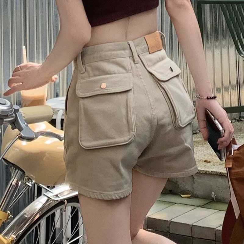 2023 New Cargo Thin Light Khaki Denim Shorts Women's Summer Wear High Waist Slimming American Loose Leisure Workwear Jean Shorts