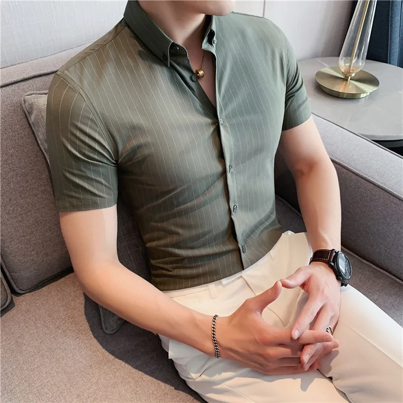 

2023 Summer Men's Vertical Striped Shirt Korean Slim Fit Casual Dress Shirt Business Formal Social Streetwear Party Blouse 4XL-M