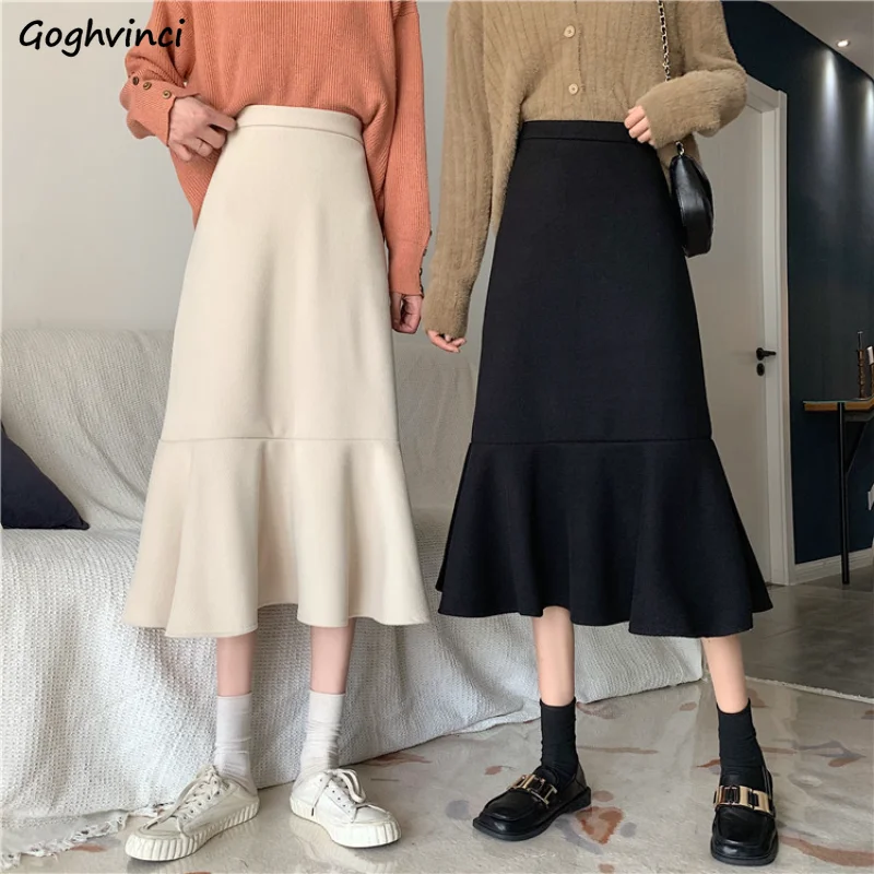 

Midi Trumpet Skirts Women Thick Autumn Sweet Simple Young Fashion Minimalist All-match Preppy Ulzzang Ins Chic Ruffles Elegant