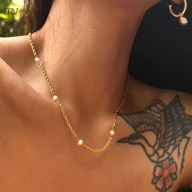 

Real pearl twist rope chain necklace for women stainless steel dainty elegant necklace minimalist jewelry waterproof jewelry