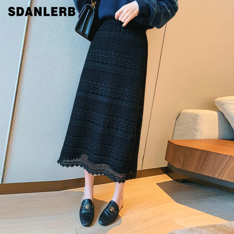 

Black Lace Skirt for Women Spring and Autumn New Mid-Length Mesh A- Line Dress Retro Temperament High Waist Slimming Skirt
