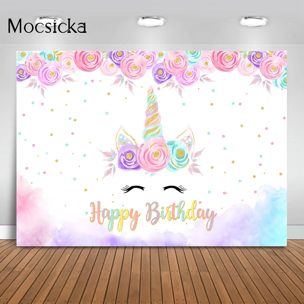 

Mocsicka Unicorn Happy Birthday Baby Shower Cartoon Theme Photography Background Flower Decoration Party Backdrop Studio Custom