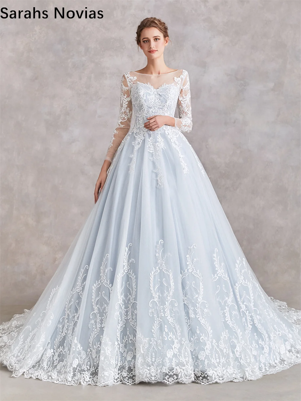 

2022 Ball Gown Ivory Blue Wedding Dresses With Long Sleeves Lace Tulle Sheer Neckline Non White Colorful Bride Dress Real Photos