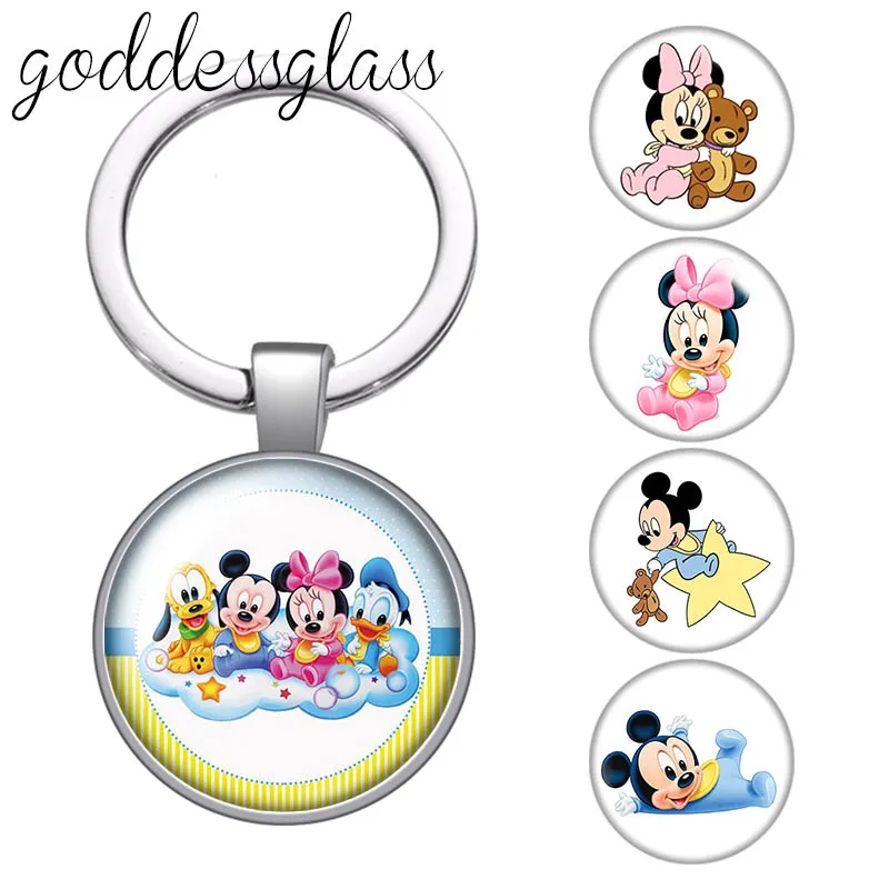 

Disney Cute Babe Baby Mickey Minnie Kids Photo glass cabochon keychain Bag Car key chain Ring Holder Charms keychains gift