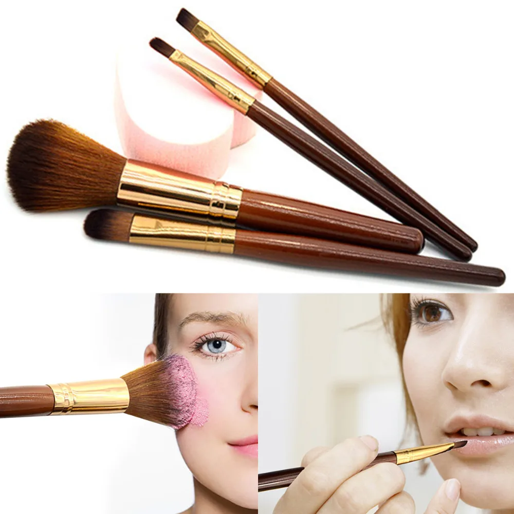 

Girl 4PCS/set Blusher Brush Eyeshadow Brow pro Brushes Wooden Handle and Ripple Nylon Hair Lip Brush Set Foundation Blending Kit