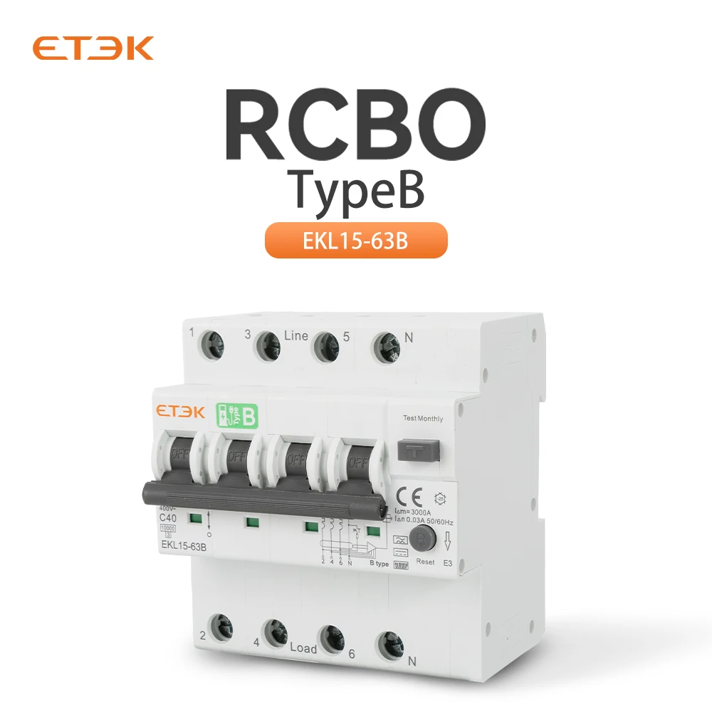 

ETEK RCD 30 мА Низкое напряжение B Тип 40 А Защита от перегрузки по току и утечки RCBO 10 кА 2p4p Автоматический выключатель остаточного тока EKL15