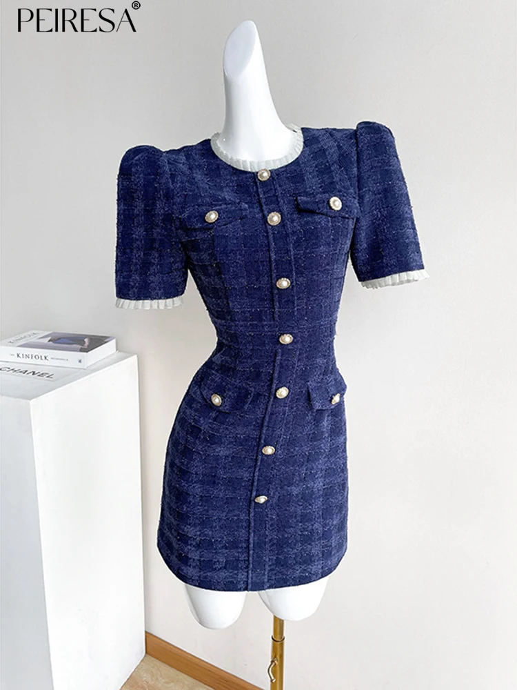 

PEIRESA French Vintage Color Block Slim Waist Dresses Women 2023 Summer New In Stand Collar Puff Sleeve Elegant Dress Vestidos