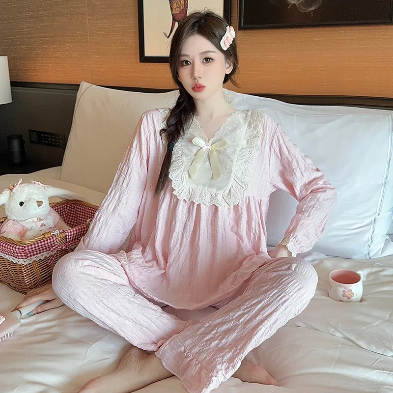 Пижама с длинным рукавом для женщин повседневная Милая Кружевная Домашняя