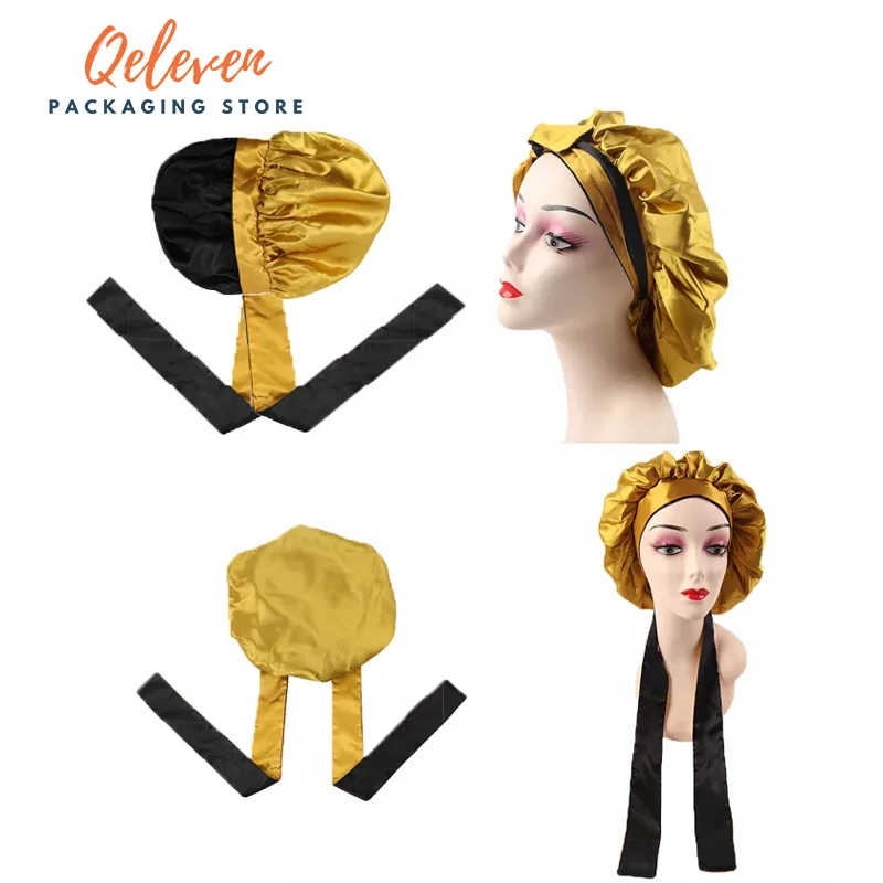 

Wholesale Hair Cap Silk Satin Bonnet With Tie Bands Custom Logo Reversible Hair Bonnets For Women With Tie Bands