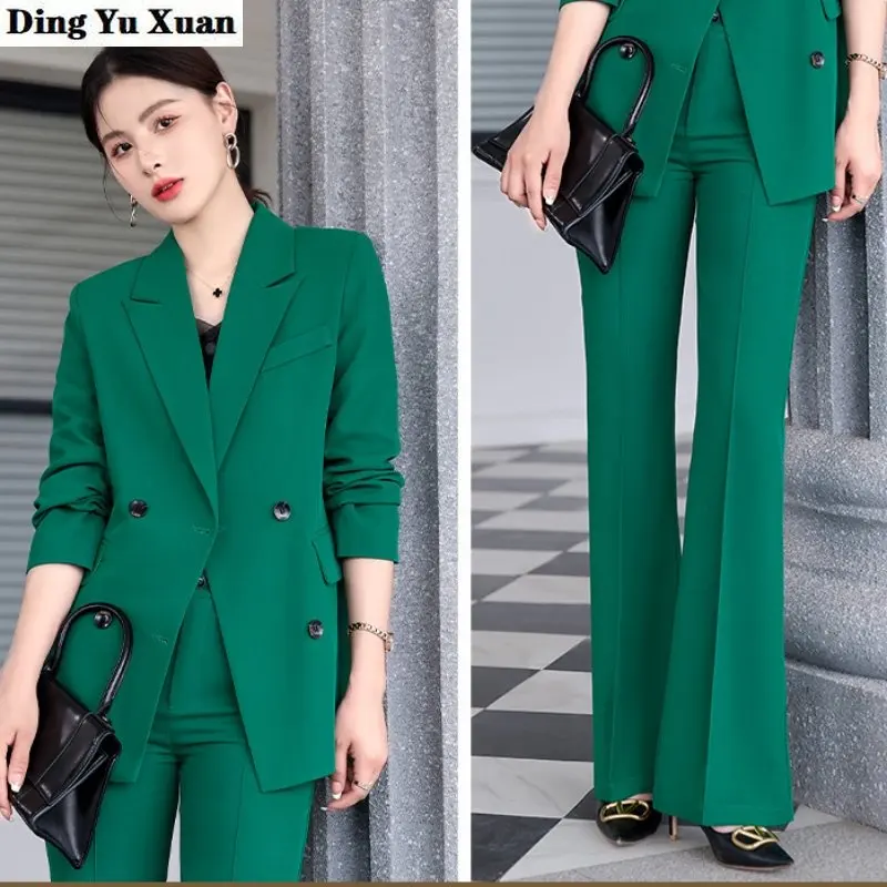 

Women's Double Breasted Blazer and Pant Suit Formal Women Green Orange Business Work Wear Wide Leg Trouser Suits 2 Piece Set