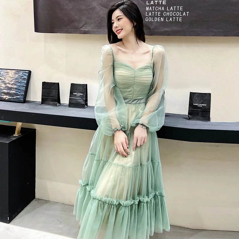 High-end Summer Women Mesh Princess Dress Ethnic Style Retro Elegant Lady Slim Corset Party Dress Female S-XXL