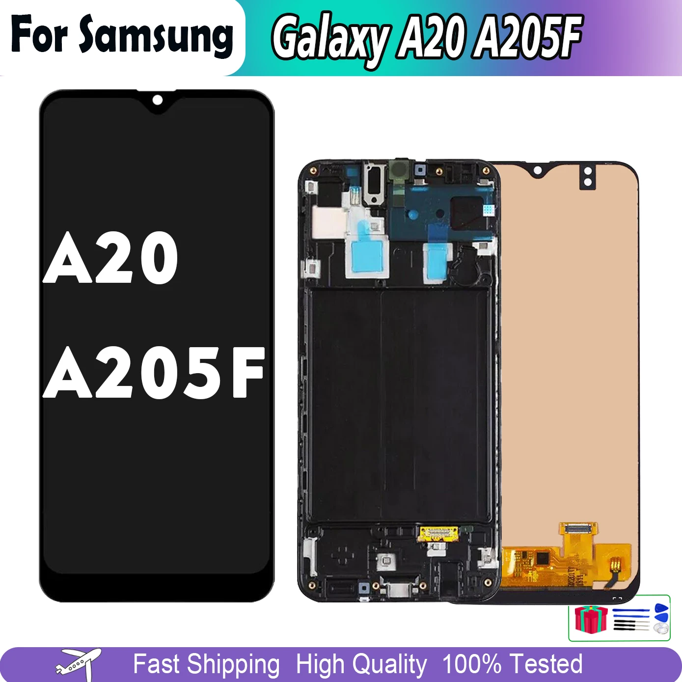 100% протестированный для Samsung Galaxy A20 A205 A205F ЖК-дисплей дигитайзер сенсорный экран с рамкой для A20 замена экрана дисплея