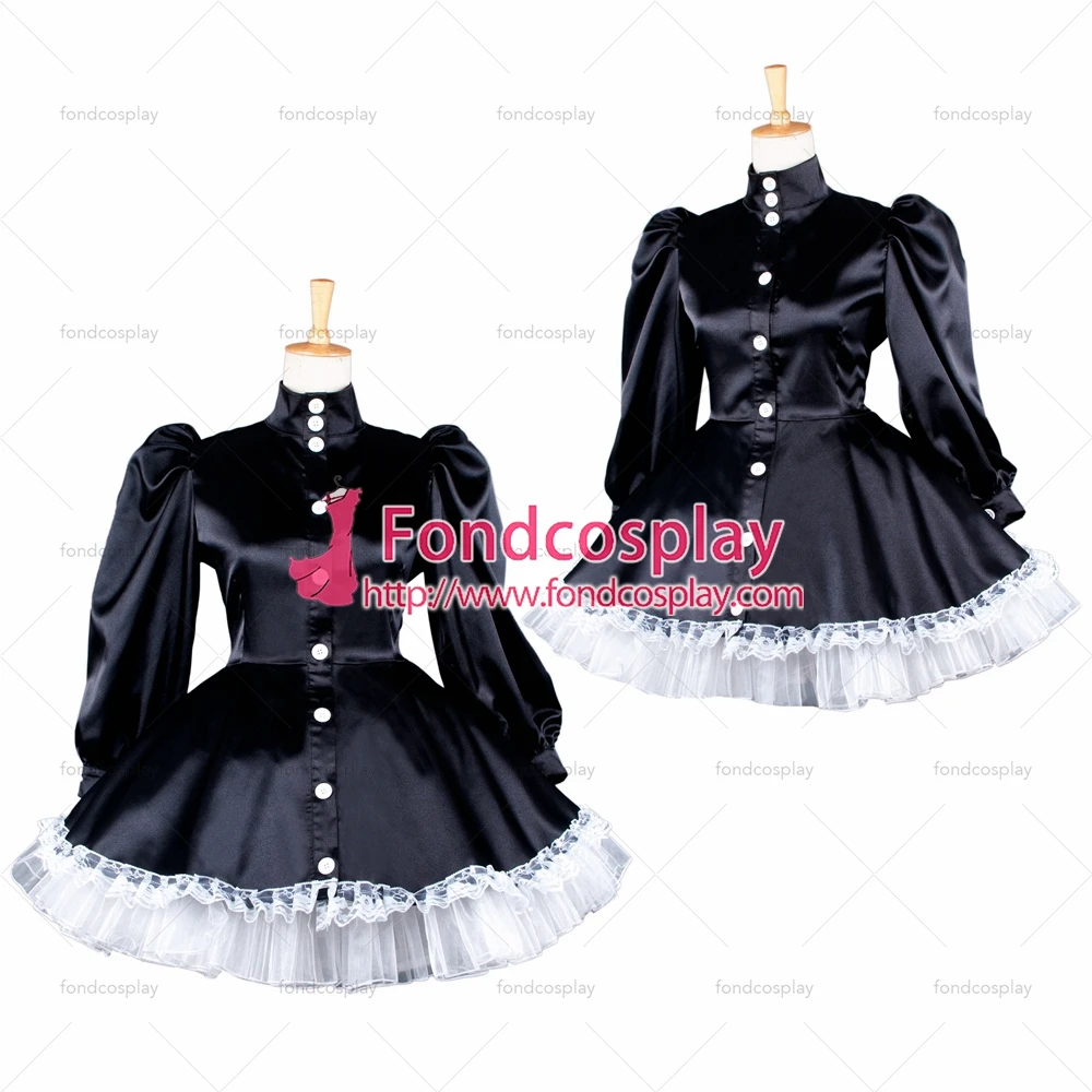 

adult sexy cross dressing sissy maid short black Satin Buttons dress Uniform cosplay costume Tailor-made[G1584]