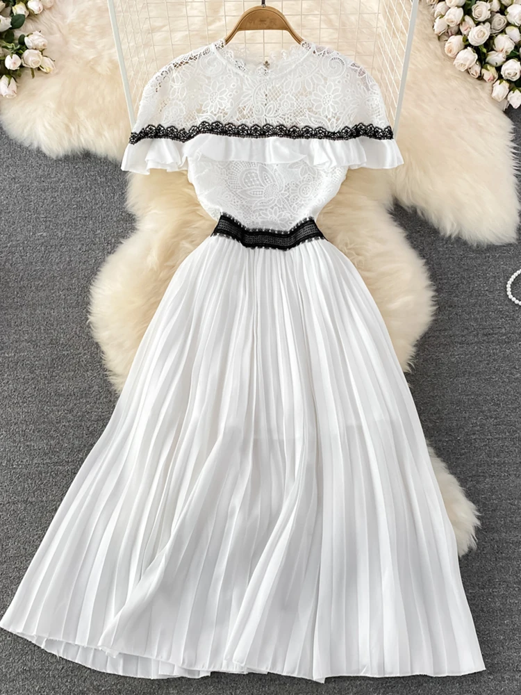 

FMFSSOM летние новые женские модные повседневные Кружевные Полые сшитые трапециевидные платья элегантные плиссированные приталенные платья ...