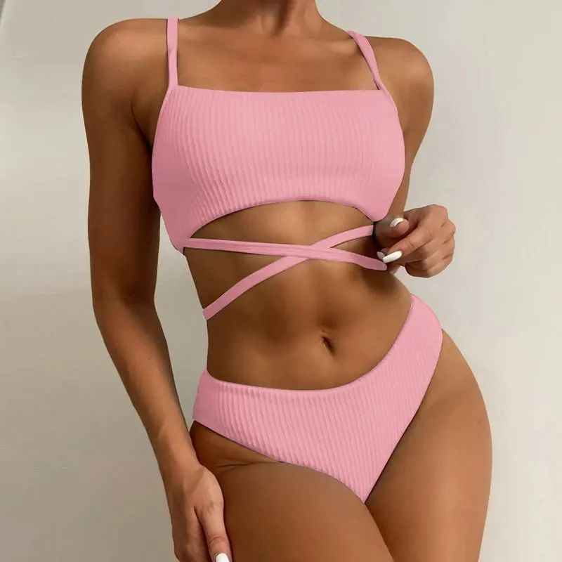 Sexy Cross Strappy Solid Swimsuit Women Two-pieces Push Up Padded Bra Thongs Set Vertical Striped Beachwear For Ladies
