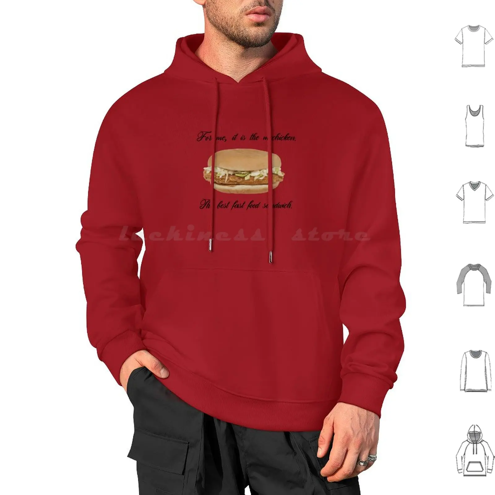 

Для меня это Mcchicken. Лучший сэндвич для фаст-фуда. Красная толстовка из хлопка с длинным рукавом