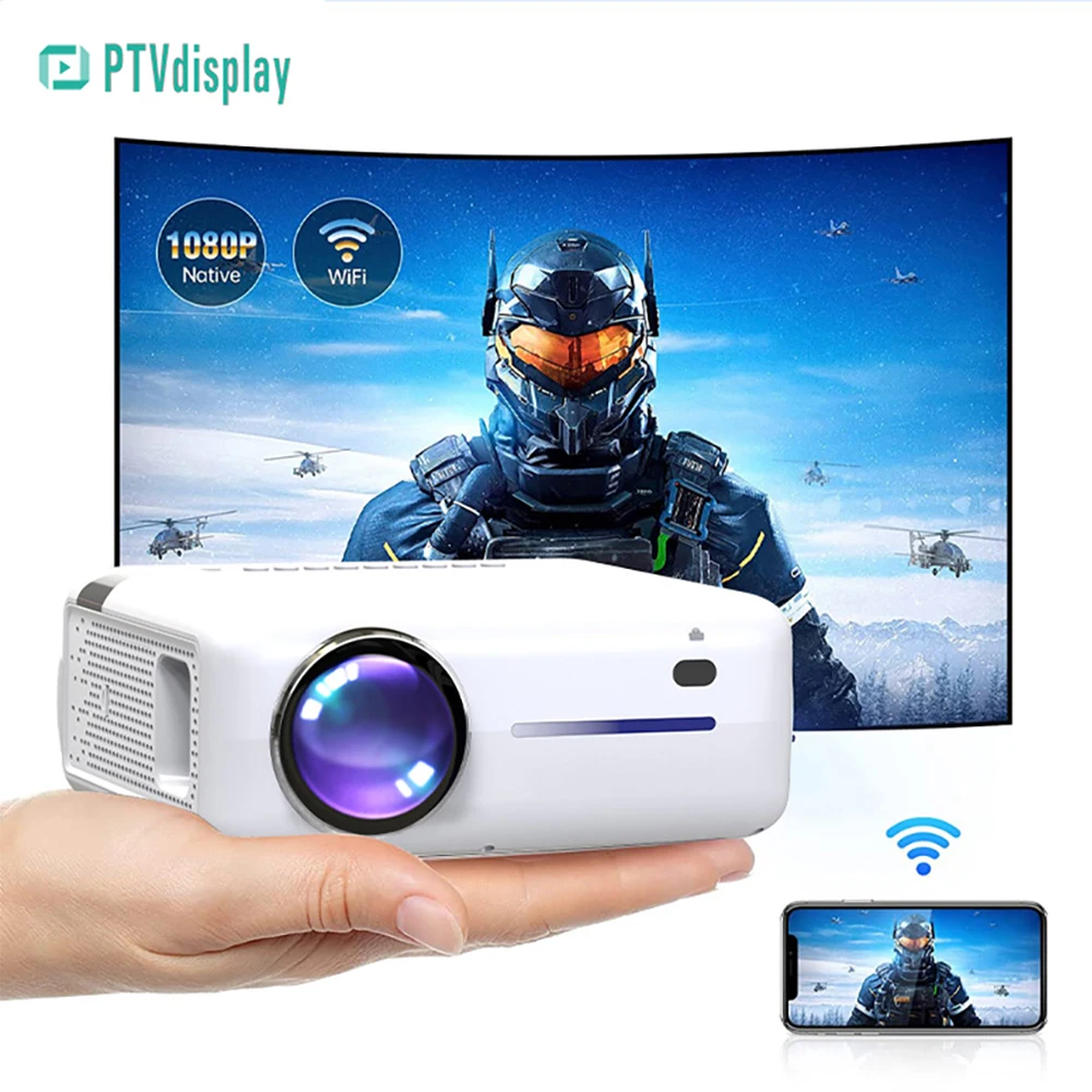 

PTVDISPLAY E520H Mini Portable Projector 1080p Full HD Video Beamer 9000 Lumens WiFi Android9.0 for Home Cinema Theater Smart TV