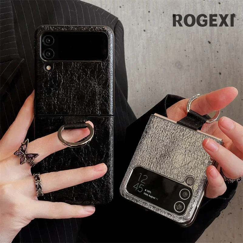 

Роскошный чехол для телефона с текстурой из серебристой фольги для Samsung Galaxy Z Flip 4 3 Flip3 флип P4 флип-чехол, милые чехлы с петлями и кольцом на палец