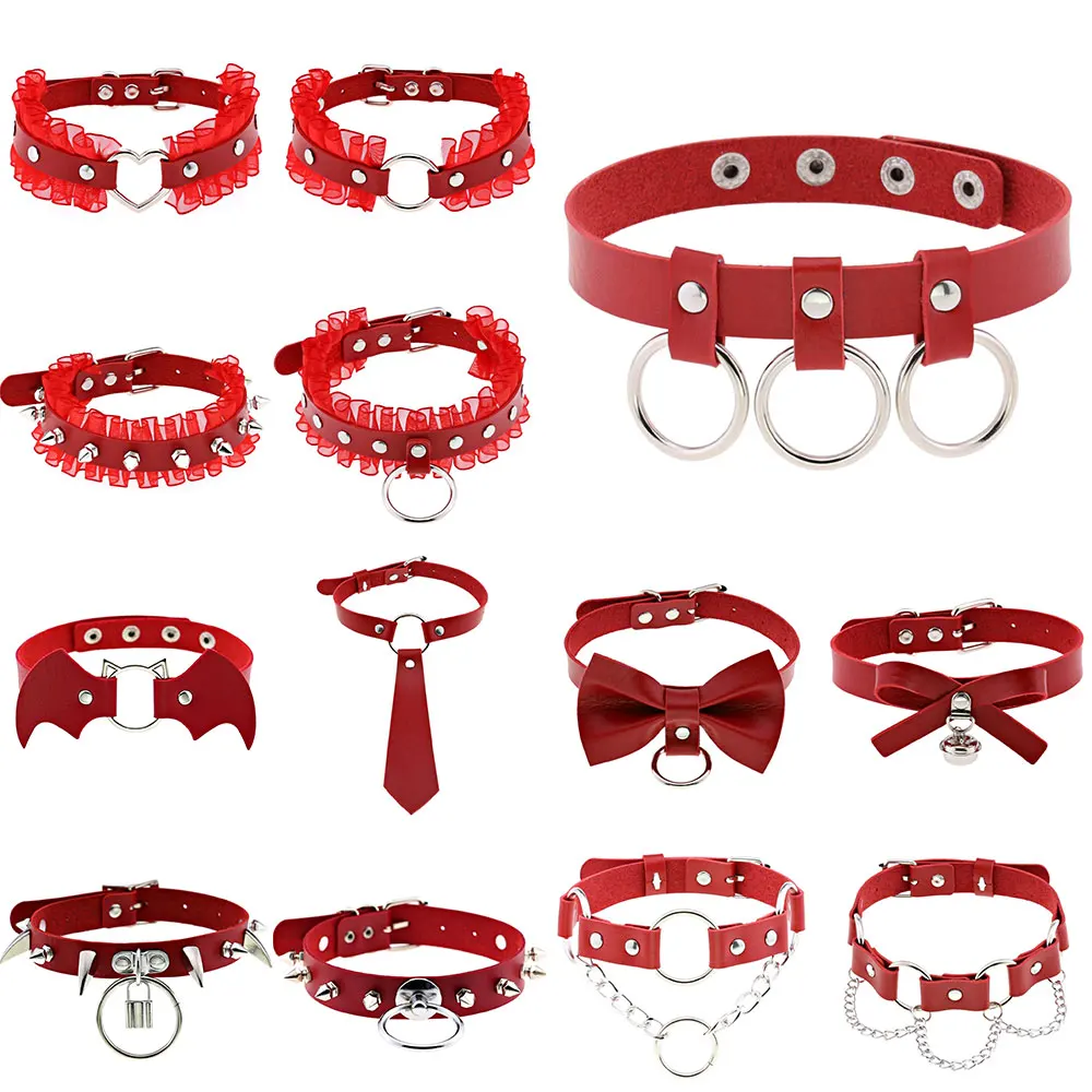 Red Leather Spiked Choker Punk Collar Women Men Rivets Studded Chocker Chunky Necklace Goth Jewelry Metal Gothic Emo Accessories