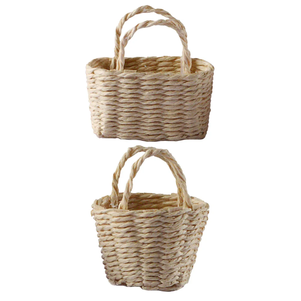 

2 Pcs House Flower Basket Wicker Storage Baskets Small Bamboo Adorn Simulation Mini Decorative Toy Decors Micro Scene