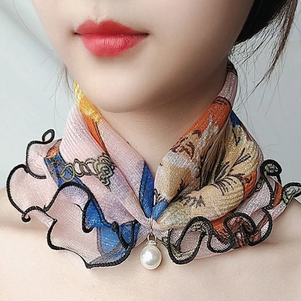 

Scarf Flower Neckerchief Elastic Hair Band Wraps Ruffle Edge Printed Scarf Korean Style Scarves Summer Bib Female Shawl
