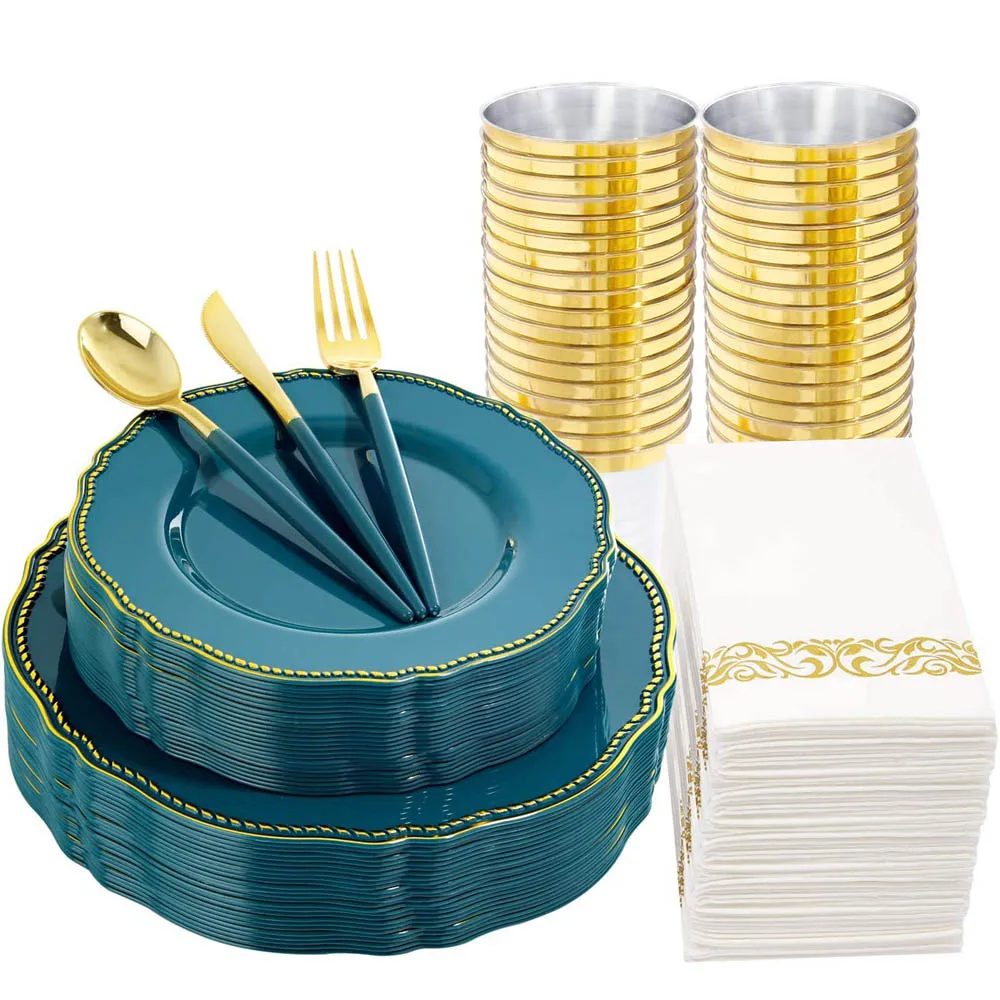 

70 Disposable Tableware Green Plastic Plate With Gold Rim and Disposable Silverware Cup Napkin Combo Set Wedding Party Supplies