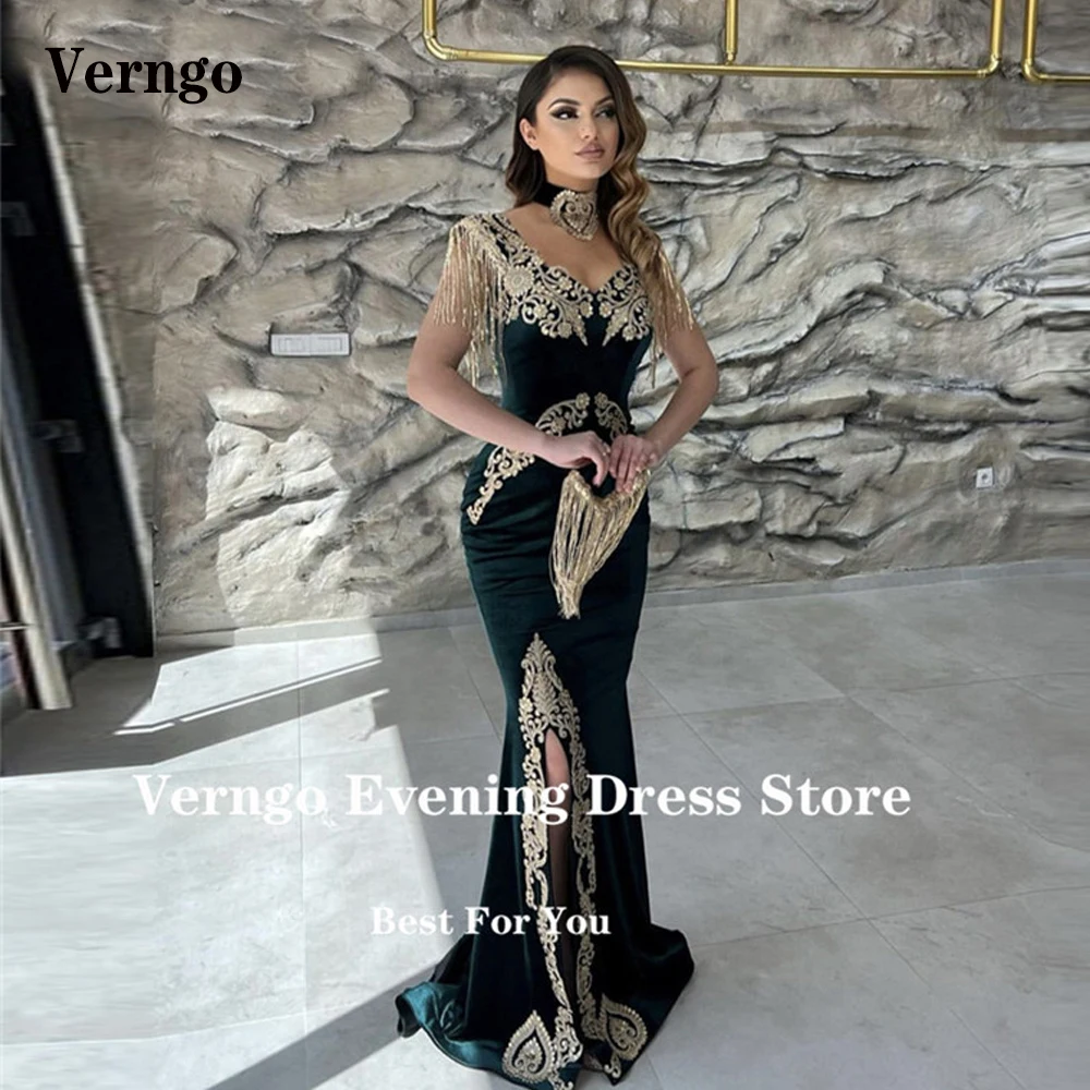 

Verngo Green Velvet Kaftan Mermaid Evening Dresses Applique Lace V Neck Split Dubai Arabic Women Burgundy Long Prom Gowns Party