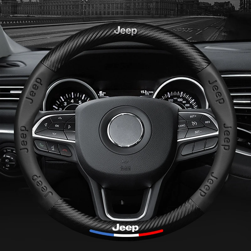 Car Carbon Fiber Steering Wheel Cover 38cm For Jeep Renegade Compass Grand Cherokee Wrangler JK Patriot Car Logo Steering Wheel