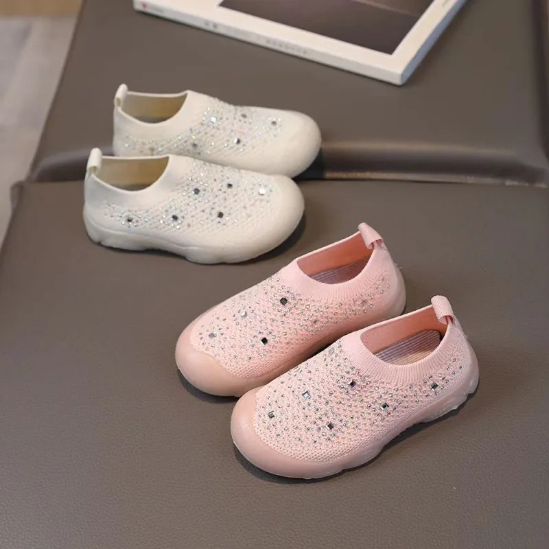 Girls' Tennis Shoes 2023 Summer New Children's Bright Diamond Flying Weaving Mesh Breathable Baby Soft Sole Walking Shoes