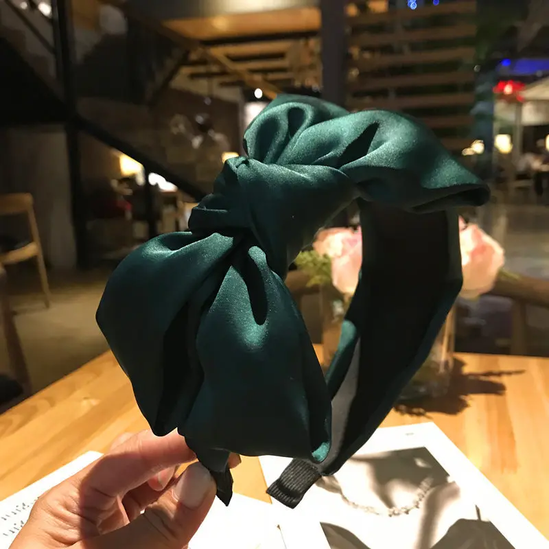 

Dark Green Satin Bowknot Headband for Ladies Elegant Headdress Women Hair Accessories Solid Silk Bow Knotted Hairband Wide