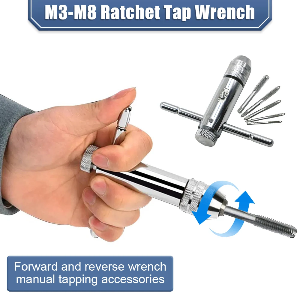 

T-shaped Silver Holder With Tools Hand Screw Tap Wrench Metric Set Adjustable Machine Plug Thread Ratchet T-handle Tap