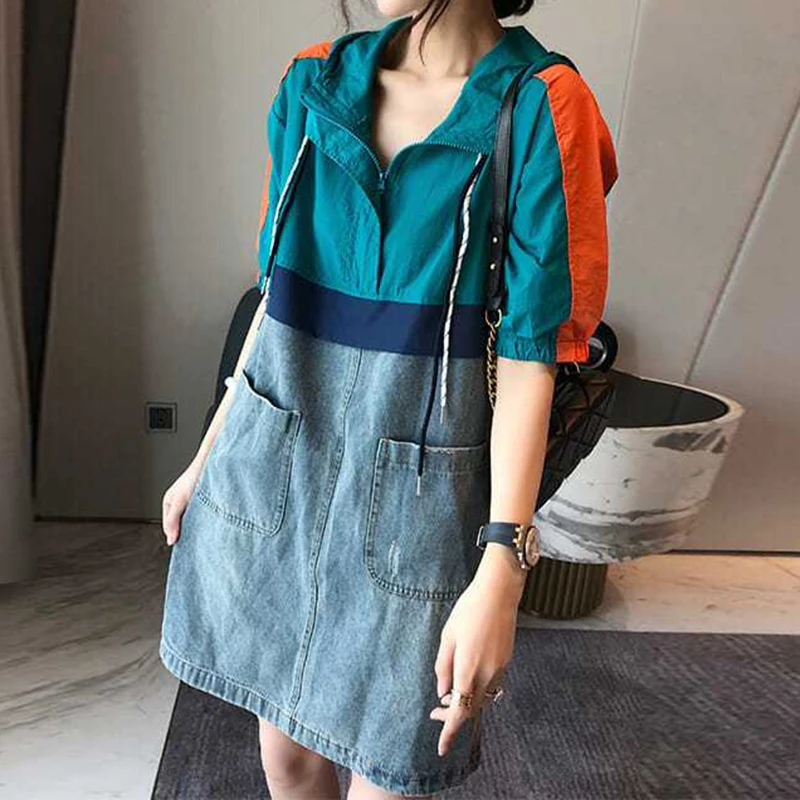 2022 summer new short-sleeved mid-length denim t-shirt  women's  stitching casual dress hooded sweater  oversized hoodie