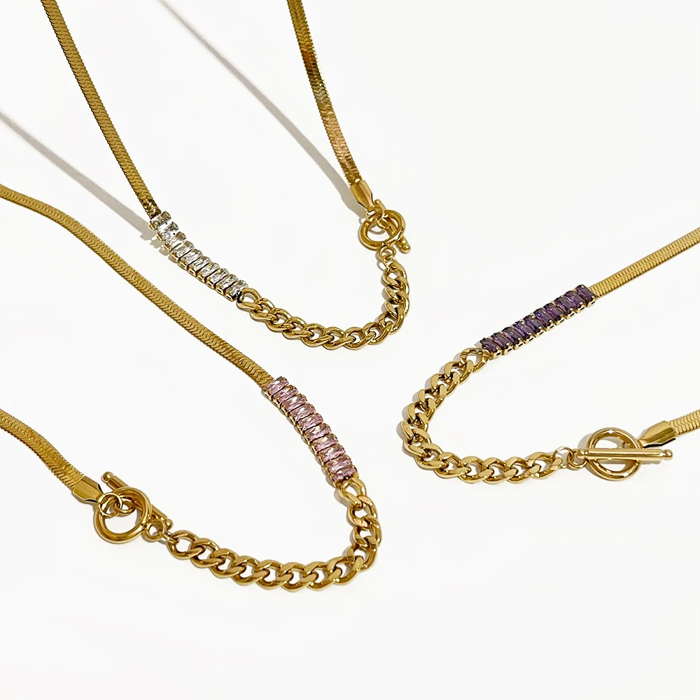 

Peri'sBox Stainless Steel Gold Color Snake Chain Baguette Cz Stone Women Chunky Curb Chain OT Toggle Clasp Necklaces Trendy