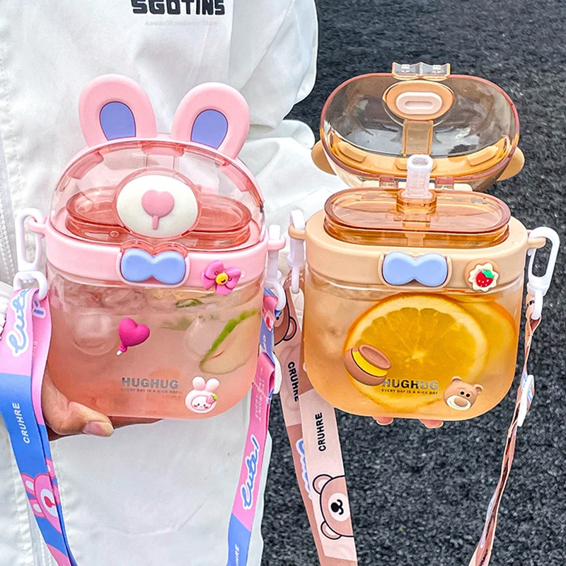 

Kawaii Bunny Bear Flat Water Bottle For Kids Girl BPA Free 850ml Cute Plastic Milk Juice Portable Travel Drink Bottle With Straw