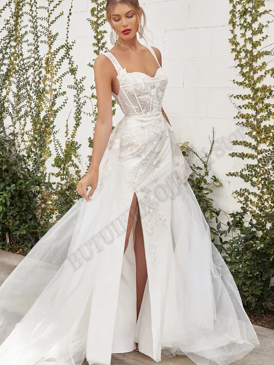 

BUTUIERN Sweetheart Slit Appliques Wedding Dress V-neck Tulle Bridal Gown Backless Design With Sweep Train Dresses Customised