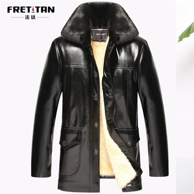 mens leather jacket Middle length PU coat men faux leather jackets velvet middle-aged clothes jaqueta de couro autumn